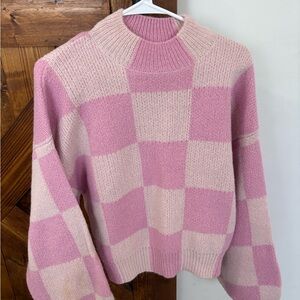 STINE GOYA Pink and Cream Checkered Turtleneck Sweater